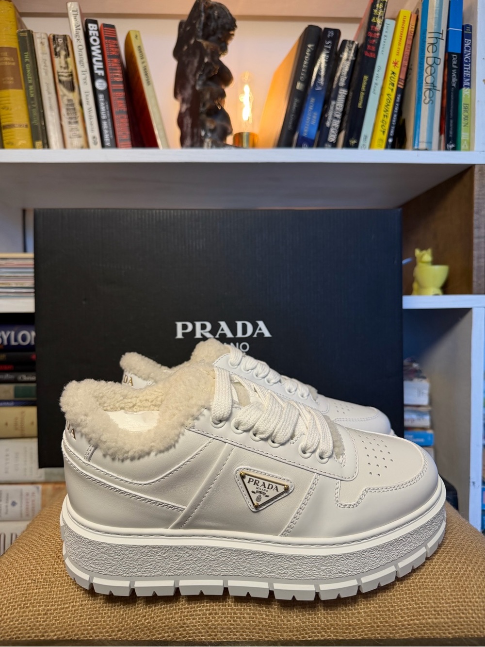 Prada Women’s White Platform Shearling-Trim Sneakers